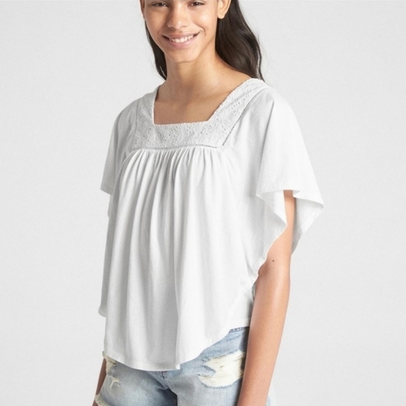 GAP Cotton Eyelet Square Neck Flutter Sleeve Top Blouse Large Navy - Picture 2 of 11